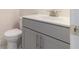Powder room with white toilet, light gray vanity, and white countertop at 129 Academy Ln, Canton, GA 30114