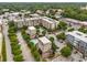 Overhead view of the community and a shared pool, mature trees, parking, and nearby retail in an urban area at 898 Oak Sw St # 1301, Atlanta, GA 30310