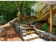 Stone steps and retaining wall create an inviting backyard landscape leading to the home at 210 Hunters Vw, Roswell, GA 30075