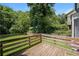 A wooden deck overlooks a well-maintained lawn enclosed by a wooden fence and mature trees at 5107 Rails Way, Norcross, GA 30071