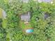 Aerial shot of a private backyard with a well-maintained lawn, mature trees and swimming pool at 250 Daileys Plantation Dr, Mcdonough, GA 30253