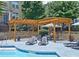 Relaxing poolside pergola area featuring lounge chairs and dining space at 4107 Township Pkwy # 69, Sandy Springs, GA 30342