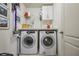 Laundry room showcasing a side-by-side washer and dryer with shelf storage above and white cabinets for supplies at 1244 Harris Commons Pl, Roswell, GA 30076