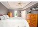 Comfortable bedroom featuring a tray ceiling, fan, ample storage, and multiple entryways at 1587 Red Fox Sw Run, Lilburn, GA 30047
