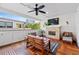 Relaxing patio area features a TV, fireplace, ceiling fan, and comfortable seating with great city views at 18 Peachtree Ne Ave # 5, Atlanta, GA 30305