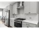 Close-up of a modern kitchen with white cabinets, stainless appliances, and white herringbone backsplash at 3484 Orchard St, Atlanta, GA 30354
