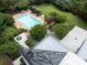 Aerial view of the backyard featuring a pool, patio, and lush landscaping at 1656 N Pelham Ne Rd, Atlanta, GA 30324