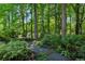 A stone and gravel garden path leads to a bench and is surrounded by trees and greenery at 1382 Murrays Loch Nw Pl, Kennesaw, GA 30152