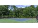 Well-maintained blue and green tennis courts in a wooded setting at 220 Hollyridge Dr, Roswell, GA 30076