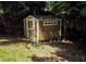 Charming outdoor storage shed with a door and windows, nestled amongst mature trees at 10815 Tuxford Dr, Alpharetta, GA 30022
