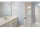 Bright bathroom featuring a white vanity with a marble countertop and modern fixtures at 3045 Moss Stone Lane Sw Ln, Marietta, GA 30064