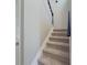 Carpeted stairway with painted risers and dark-stained handrail provides access to the upper level of this home at 1904 Watercrest Cir, Lawrenceville, GA 30043