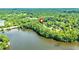 Beautiful aerial view of waterfront property surrounded by lush green trees at 115 Edgewater Way, Peachtree City, GA 30269