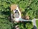 An aerial view of the residence showcases its placement amidst mature trees, highlighting its private setting at 260 Lakemont Dr, Roswell, GA 30075