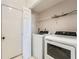 Functional laundry room equipped with washer, dryer, storage, and convenient access at 113 Hitchcock Dr, Villa Rica, GA 30180