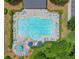 Aerial view of community pool with chairs and umbrellas around the perimeter at 4003 Coachman Ct, Cumming, GA 30040