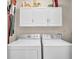 Functional laundry room with white cabinets, a pair of front-loading washer and dryer units at 4081 Riverlook Se Pkwy # 13, Marietta, GA 30067