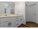 Well-lit bathroom with dual sinks, white cabinets and neutral countertops at 1048 Falls Brooke Dr, Conyers, GA 30094
