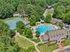 Aerial shot of community pool, tennis courts, clubhouse, playground and lush greenery in a neighborhood at 5511 Highland Preserve Dr, Mableton, GA 30126