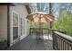 Outdoor deck with seating, patio umbrella, and access through white French doors at 2689 Spring Rock Ne Ct, Roswell, GA 30075