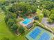 Aerial view of community pool, tennis courts, parking area, and surrounding greenery at 507 Wintergreen Way, Canton, GA 30115