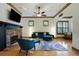 Comfortable living area with hardwood floors, stone fireplace, modern furniture, and natural light at 2822 Prado Ln, Marietta, GA 30066
