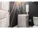 Stylish powder room featuring a modern vanity, geometric accent wall, and elegant fixtures at 2780 Lakeview Walk, Decatur, GA 30035