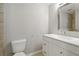 Modern bathroom features vanity with white cabinets, white tile, and a toilet at 6980 Roswell Rd # P6, Atlanta, GA 30328