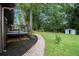 Beautiful backyard featuring a black mulch area, stone path, and lush green surroundings at 1853 Pinedale Pl, Decatur, GA 30032