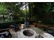 Backyard stone patio featuring a fire pit, outdoor seating, and string lights for a cozy and relaxing atmosphere at 796 Piedmont Ne Way, Atlanta, GA 30324