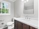 Bathroom featuring a modern vanity with white countertop, updated fixtures, and a window at 2487 Highland Se Dr, Conyers, GA 30013