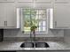 Kitchen sink area with a view of the backyard, granite countertops, and white cabinets at 30 Court S, Ellenwood, GA 30294