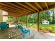Relaxing covered patio features blue chairs and a lovely view of the big backyard and storage shed at 2401 Stockton Dr, Marietta, GA 30066