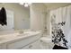 Bright bathroom with a white vanity, framed mirror, and shower with decorative curtain at 4895 Sterling Close, Buford, GA 30518