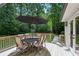 Back deck with table, chairs and umbrella, overlooking the green backyard with lush trees at 6175 Weatherly Dr, Sandy Springs, GA 30328