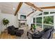 Cozy sunroom featuring a fireplace, ceiling fan, and comfortable seating with backyard views at 6175 Weatherly Dr, Sandy Springs, GA 30328