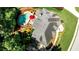 An aerial shot reveals a stunning home with a pool, patio, manicured garden, and beautiful landscaping at 215 Settindown Ct, Roswell, GA 30075