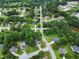 Aerial view of a quiet neighborhood with mature trees, lush lawns, and a small lake in the distance at 504 Bradford Park Ct, Loganville, GA 30052