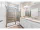 Beautiful bathroom featuring a glass shower door and a dual sink vanity with white cabinets at 4458 Dunblane Ave, Sugar Hill, GA 30518