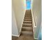 Carpeted staircase with a white handrail leads to the upper level of the house at 237 Shockley Way, Dallas, GA 30157