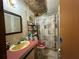 Bathroom with vanity, mirror, wallpaper, shower curtain and toilet at 25 Dogwood Dr Nw, Cartersville, GA 30121