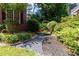 Backyard landscaping featuring a stone path, mulch ground cover, garden beds, and a privacy fence at 5287 Wild Indigo Way, Acworth, GA 30102