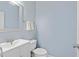 Cozy half bathroom featuring blue walls, a white vanity, and a decorative mirror at 1609 Vinery Se Ln, Mableton, GA 30126