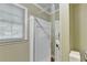 Bathroom featuring bright white shower with glass doors, next to a window at 3034 Brookgreen Trl, Lawrenceville, GA 30043