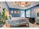 Bedroom with blue walls, large bed, ceiling fan, and natural lighting at 40 Legend Creek Chase, Douglasville, GA 30134