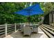 Inviting outdoor seating area on a wooden deck with a large blue umbrella offering shade for relaxation and entertaining at 40 Legend Creek Chase, Douglasville, GA 30134