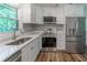 Close up of renovated kitchen featuring stainless steel appliances and sleek white cabinetry at 3620 W Lawrenceville St, Duluth, GA 30096
