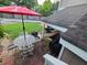 Backyard patio set with table, chairs and red umbrella on a sunny day at 1297 Tree Creek Ct, Clarkston, GA 30021