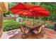 Outdoor patio with dining set and umbrella overlooking a well-manicured yard and storage shed at 2864 Wyndcliff Ct, Marietta, GA 30066