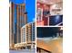 Building collage showcases unit exterior, kitchen and night view at 400 W Peachtree Nw St # 3216, Atlanta, GA 30308